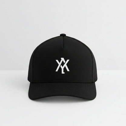 A black trucker-style cap with a white embroidered monogram logo on the front, set against a clean white studio background.