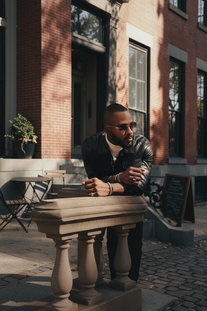 Man wearing sunglasses and a leather jacket leaning against a wall.